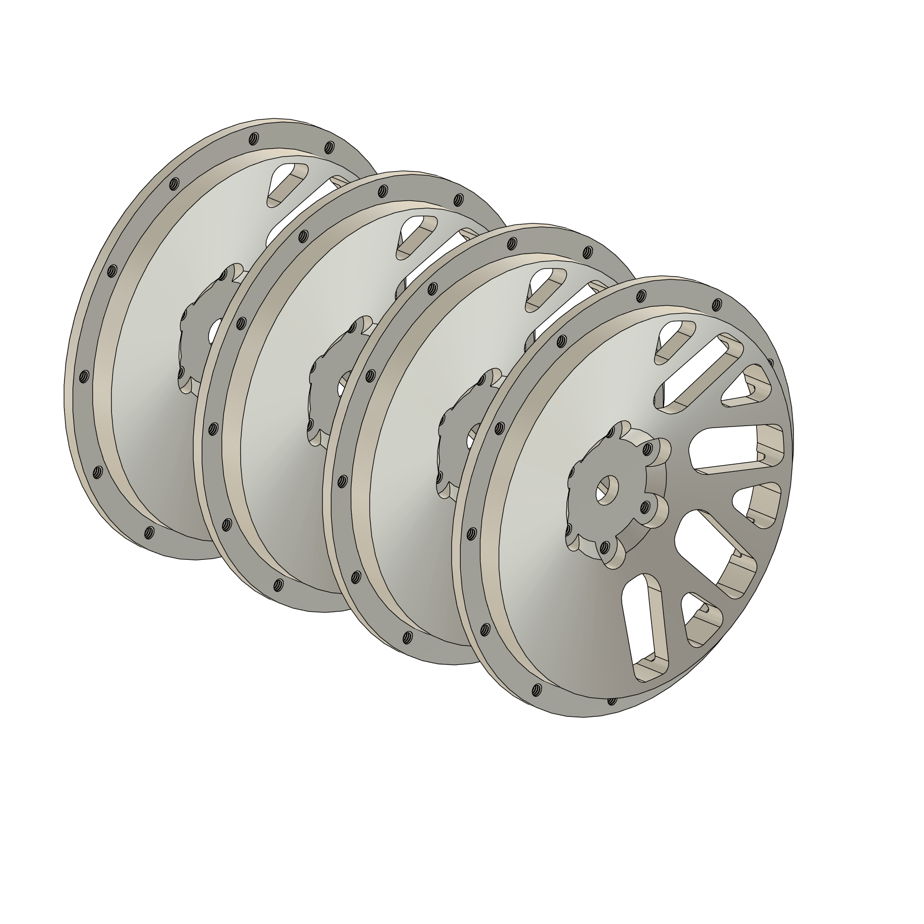 Set of four metallic brake rotors on a white background