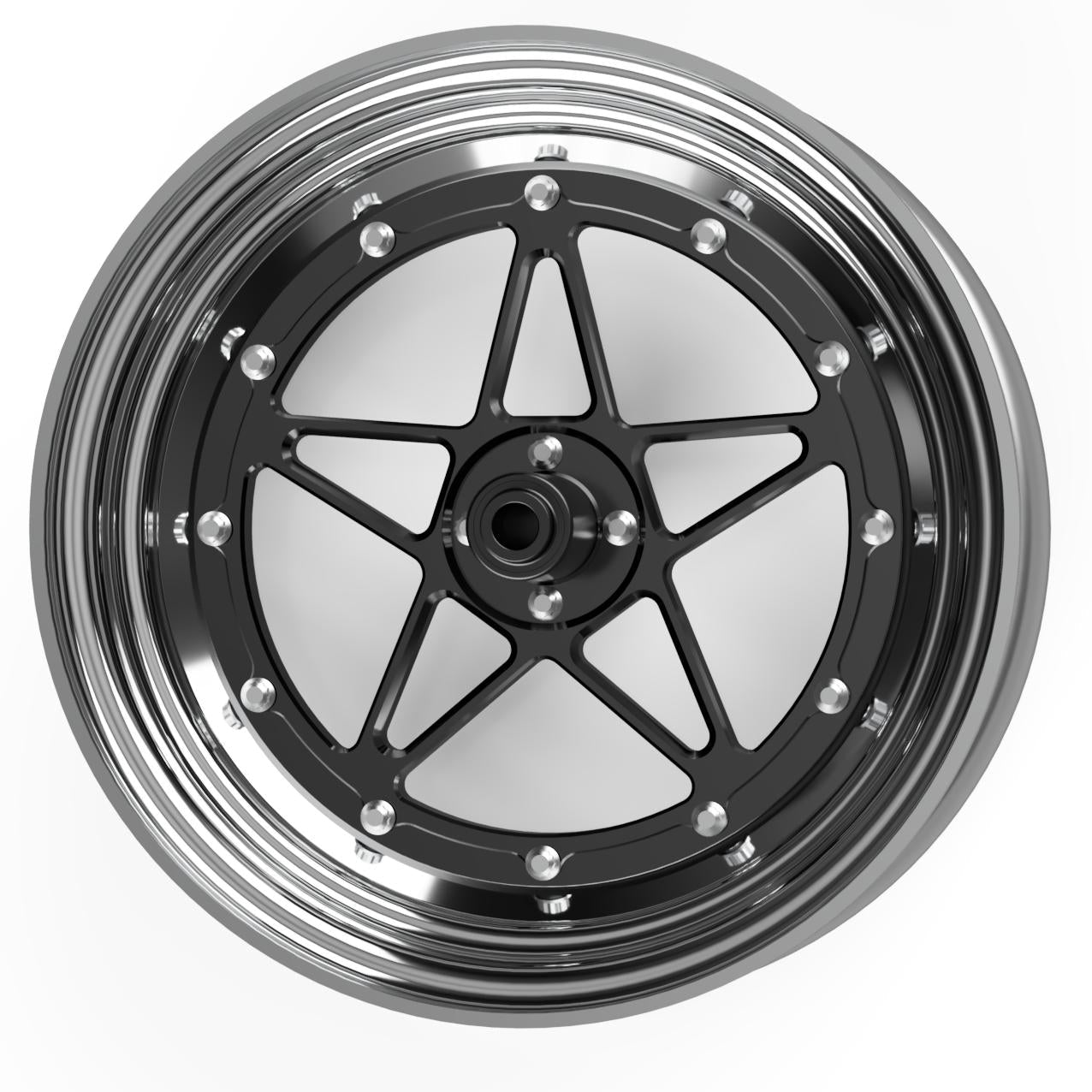 Motorcycle wheel rim with metallic finish on a white background