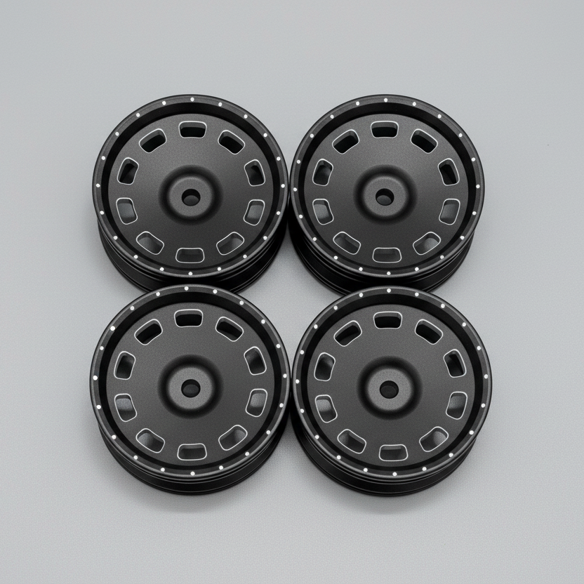 A set of four black anodized finish 1/10 scale drift wheels with a 12 mm hex size, displayed on a wooden surface.