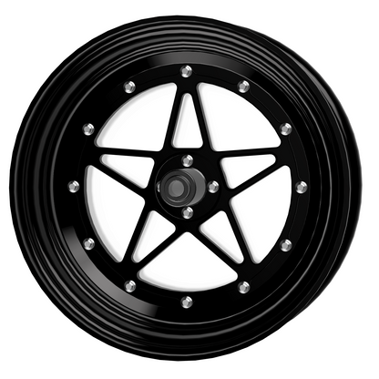 Black alloy wheel with star-shaped design on a white background