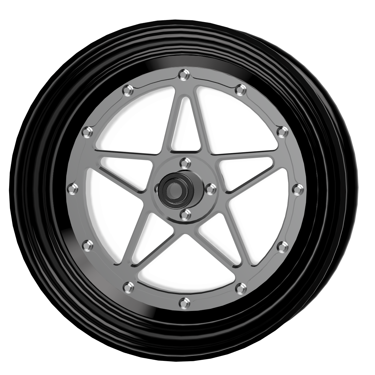 Black motorcycle wheel with silver rim on a white background