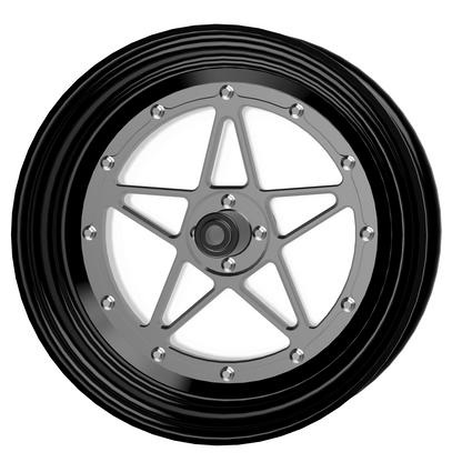 Black motorcycle wheel with silver rim on a white background