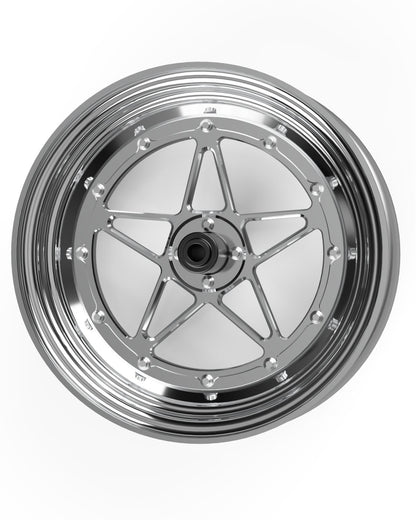 Chrome motorcycle wheel on a white background