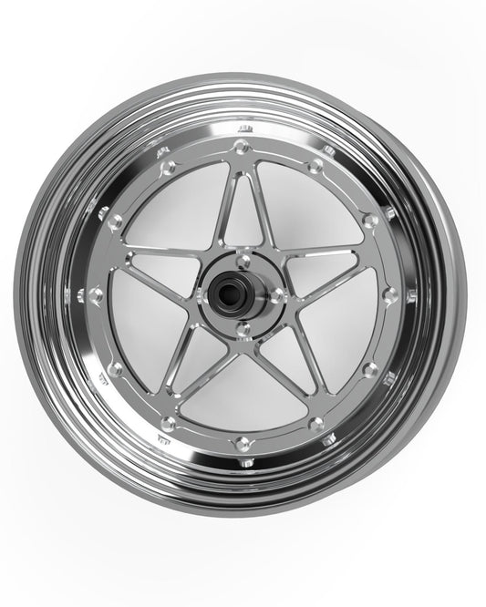 Chrome motorcycle wheel on a white background
