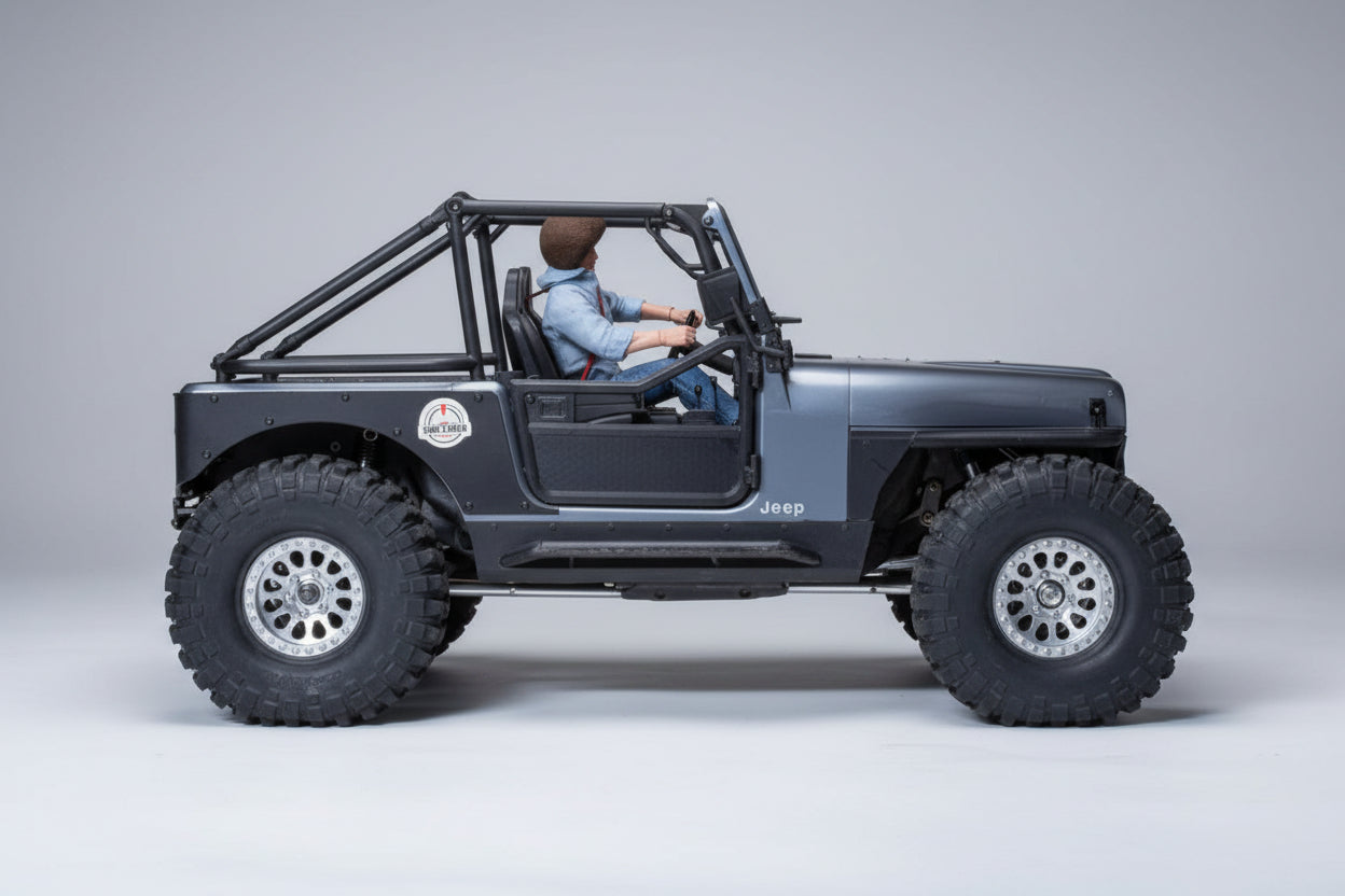 Model Jeep on a wooden surface with a neutral background