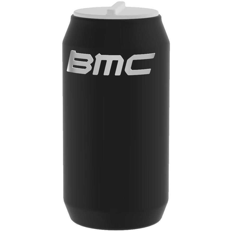 A matte black insulated can cooler designed to fit a beverage can, featuring a white BMC logo on the front and a white plastic lid.