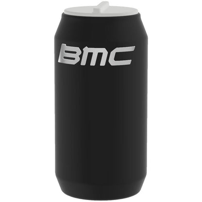 A matte black insulated can cooler designed to fit a beverage can, featuring a white BMC logo on the front and a white plastic lid.
