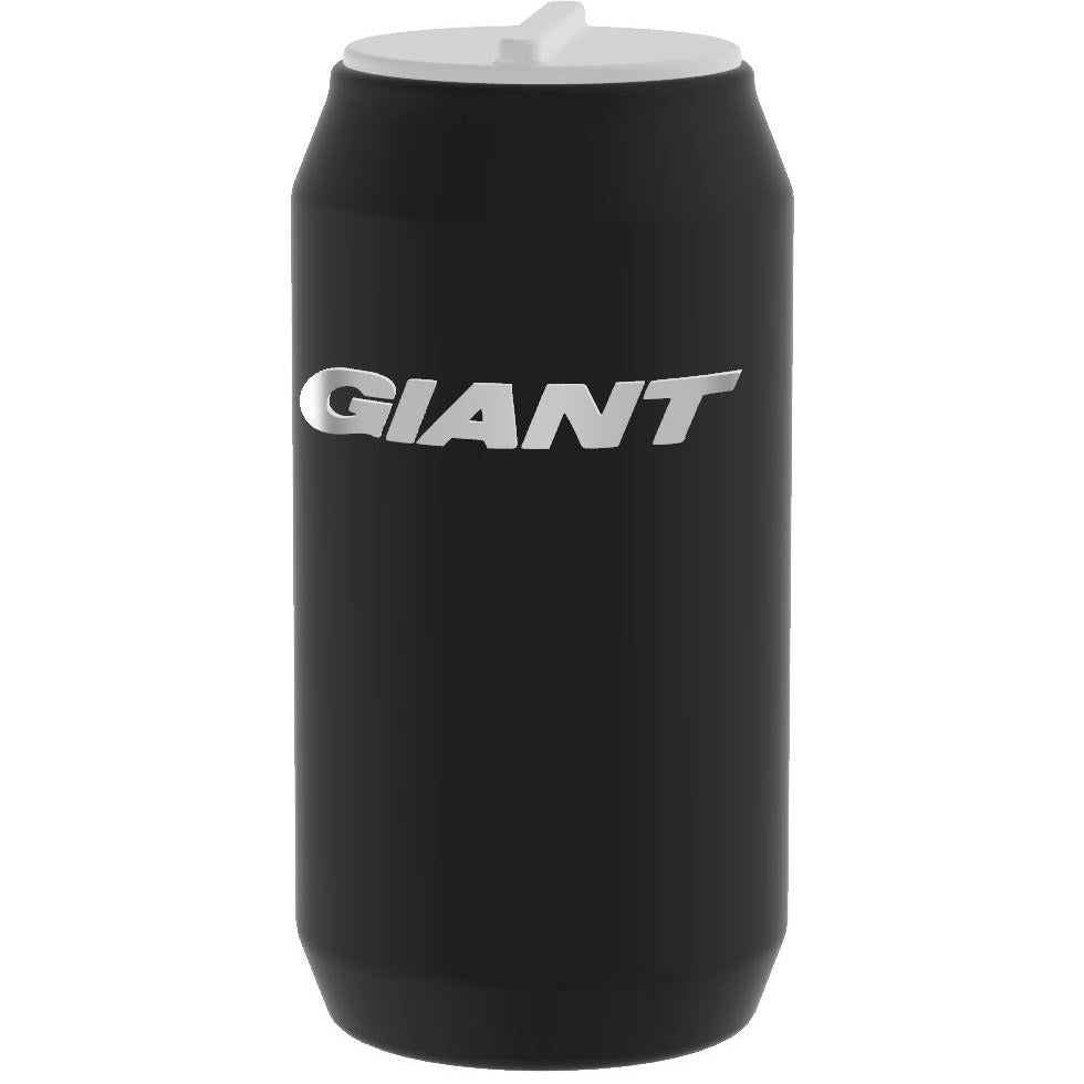 A matte black can-shaped travel mug with a white plastic lid and the word 'GIANT' printed in white across the front, isolated on a white background.