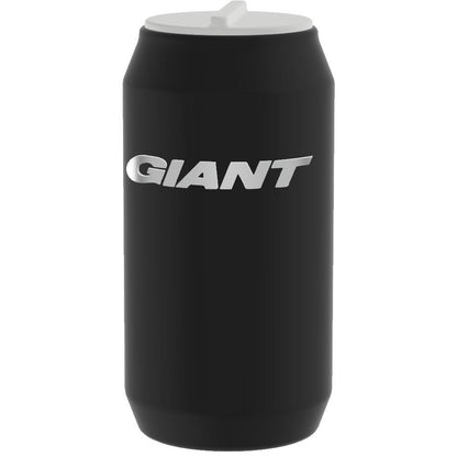 A matte black can-shaped travel mug with a white plastic lid and the word 'GIANT' printed in white across the front, isolated on a white background.