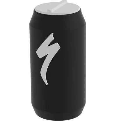 A matte black insulated can cooler with a white lid and a white stylized lightning bolt logo on the front, shown on a plain white background.